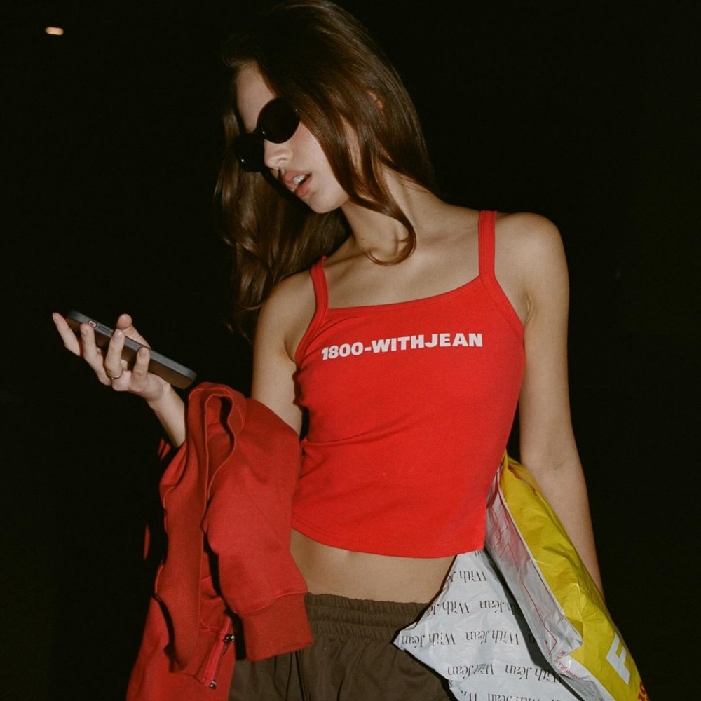 With Jean Red Tank Top "1800-WITHJEAN"
